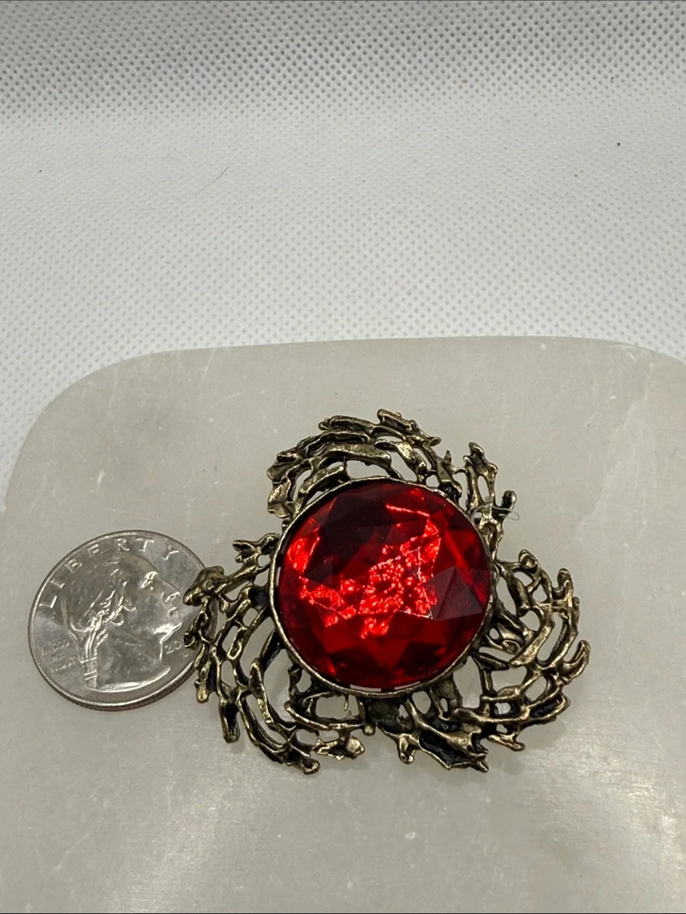 Faceted Antique-Style Red Stone Brooch in Aged Gold Tone metal brutalist dome